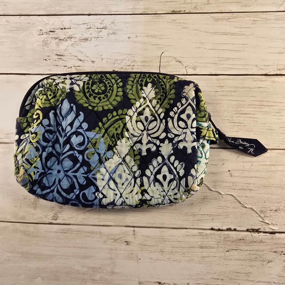 Vera Bradley Night and Day Quilted Cotton Cosmetic Makeup Bag Blue‎ Green White